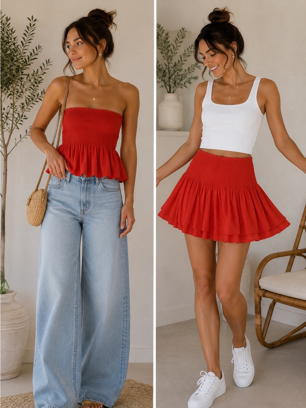 Umgee Red Orange Smocked Waist Tiered Mini Skirt